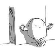 A round-topped robot with banded arms and legs, leaning nonchalantly against a closet door and holding out one hand in a helpless shrug. Just visible behind the door is a guitar.