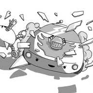 A robot in the form of a sleek sports car with an elevated engine block, smashing through some sort of barrier, hurling an alarmed, ovoid robot to one side in the process. Smoke is rising from the robot's wheels and its face, positioned on the front where the bumper would be, is smiling menacingly.