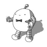 A round robot with banded arms and legs and an antenna, wearing a bowtie and holding a martini. It's holding out a hand and smiling, as if regaling a companion with an anecdote.