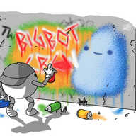 A spherical robot with jointed arms and legs, wearing a backwards baseball bat and spray-painting a crumbling concrete wall. It's spraying with a red can and holding a blue can, while a yellow and green can lie on the ground. The mural it's painted depicts a blue Bigbot against an irregular background of orange-yellow edged in green, with the words "BIGBOT CREW" next to it in red letters edged with white. There is some older, less-accomplished graffiti on the wall already, including a "Kilroy was here" version of Lurkbot from earlier in the week.