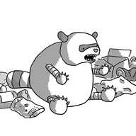 A very chubby robotic racoon that is baring its teeth and holding out its little claws, surrounded by rubbish.