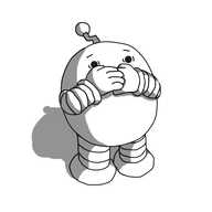 An ovoid robot with banded arms and legs and a zigzag antenna, holding its hands to its mouth as its eyes widen in panic.