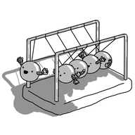 A Newton's cradle desk toy in which the spheres are spherical robots with little arms. The one at the front is swinging downwards, looking very excited, while the next looks a little concerned. The rest seem okay with the situation.