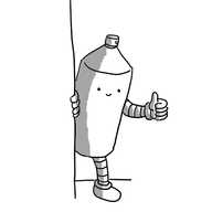 A robot in the form of a slightly dated-looking aerosol can with the cap off. It has banded arms and legs and is peeking out from behind a wall and giving an encouraging thumbs-up.