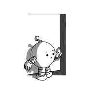 A round robot with banded arms and legs and a zigzag antenna, pushing open a featureless door in the white background, revealing a dark space on the other side. The robot looks surprised, perhaps even a little worried.
