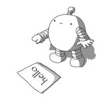 A round robot with banded arms and legs and an antenna, pointing at a sheet of paper with "hello" typed on it, looking up and smiling.