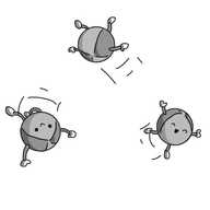 Three robots in the form of juggling balls with arms and legs, jumping in a triangular formation and seemingly enjoying themselves very much.