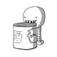 A round robot on two tall, banded legs. It has a wide, fang-filled mouth and is biting into the lid of a soup can with obvious relish.