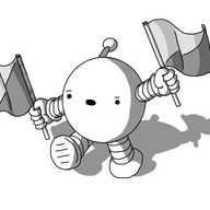 A spherical robot with banded arms and legs and an antenna. It's holding a flag in each hand, waving them somewhat uncertainly.