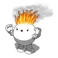A spherical robot with banded arms and legs. It has a worried expression, probably due to the orange, smoking flames that have engulfed much of its top.