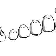 A series of six robots in the form of Russian nesting dolls, with the largest 'top half' on the right wearing a furry Russian hat and smiling. The rest of the top halves are laid out in descending order of size until, on the far left, the stacked bottom halves have a tiny robot in the middle waving its arms in the air.