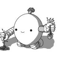 A round robot with banded arms and legs and an antenna with foliage on the end. It's kneeling on the ground, holding a bundle of saplings in one hand as it lowers another into a little hole in the ground.