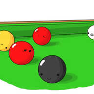 A view of part of a billiards table, felted with green baize, on which are positioned several spherical robots. Two are red, one yellow and one black, while a white one rockets towards them. The black and yellow are looking away, smiling without concern, while one red regards the approaching white with terror, and its counterpart remains obliviously asleep.
