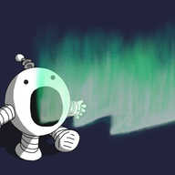 A round robot with banded arms and legs and a coiled antenna against a dark background. It's opening its mouth wide and a shimmering, green aurora is emerging from it, hanging before it in the air.