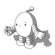 An ovoid robot with banded arms and legs and a crooked antenna, holding a small human nose in its hand and looking at it in confusion.