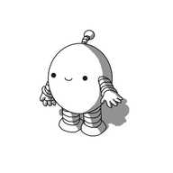 An animated GIF of a smiling, ovoid robot with banded arms and legs and an antenna, disappearing into the ground. It's antenna bobble gets stuck and it pops the antenna up and tries again, then disappears. After a couple of beats, it rises back up again.