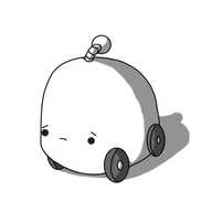 A dome-shaped robot with four wheels and an antenna. It looks really sad.