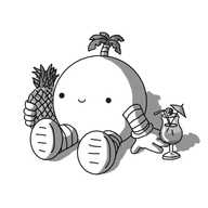 A spherical robot with banded arms and legs and an antenna, sitting happily on the floor. Its antenna has palm fronds on the top, it's clutching a pineapple and it has a striped cocktail next to it with a straw, a slice of fruit and a little umbrella balancing in it.