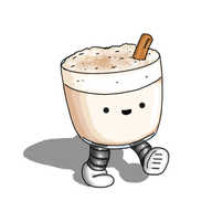 A robot in the form of a small tumbler of eggnog, with banded legs on the bottom and a happy little face. It has a stick of cinnamon in its frothy head, and a scattering of nutmeg or possibly more ground cinnamon on the top.