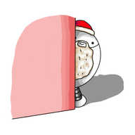 Santabot - which is to say, Bigbot wearing a false beard and a Santa hat - peeking out from behind a wall.