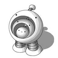 A spherical robot with banded legs and an antenna, with a wide open mouth, inside which is a second robot of the same design but smaller, and inside which is a third robot of the same design but smaller still, this time smiling.