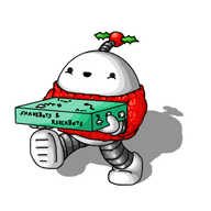 A happy little ovoid robot with banded arms and legs and an antenna. It's wearing a red woolly jumper and its antenna bobble is bright red with two green holly leaves attached to it. It's holding a teal box labelled "Snakebots and Reachbots".