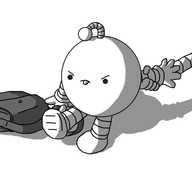 A spherical robot with banded arms and legs and a drooping antenna, being pulled by one of its arms by a second, off-screen robot. The robot is looking away from the direction it's being pulled, dragging its feet on the ground while it holds the strap of a satchel lying on the floor next to it. It's making a very grumpy face and sticking its tongue out.