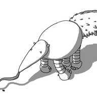 A robot in the form of a giant anteater, complete with big bushy tail and clenched front feet for knuckle walking. A long, flexible tongue is issuing from its conical head as it angrily slurps up a number of ants crawling on the ground in front of it.