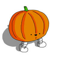 A robot in the form of an orange pumpkin with a smiling little face near the bottom and two banded legs.