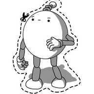 A round robot with jointed arms and legs and a coiled antenna. It's surrounded by a dashed line marked with a scissors symbol near the robot's face, which the robot is looking at rather dubiously.