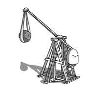 A robot in the form a medieval trebuchet, made out of flat struts in a tall, overly-complicated A-shaped frame. The arm of the machine is a banded small robot arm, emerging from the top of the weight, which is a round-topped robot with little legs dangling underneath it. At the end of the arm is a hand, holding a sling carrying a large rock. The robot looks quietly pleased, unlike me, who had to draw this thing.