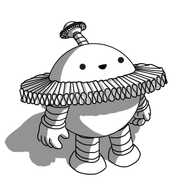 A cheerful, spherical robot with banded arms and legs, wearing a very wide Elizabethan ruff around its circumference, just above its arms. It has an antenna, and the bobble on top is also wearing a (smaller) ruff.