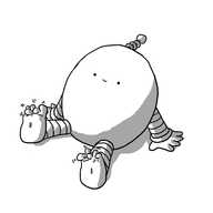 A happy, ovoid robot with banded arms and legs sitting on the ground wiggling its human-like toes.