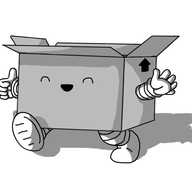 A robot in the form of a cardboard box. It's open at the top and has banded legs on the bottom and arms on either side. It's walking forward, one hand waving, the other one doing a thumbs-up. The robot is smiling happily with its eyes closed. There is an arrow on one side of it, indicating the direction of its top.