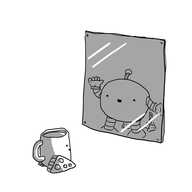 Teabot in front of a mirror. Its reflection is visible, but between it and the surface of the mirror is the image of a round robot waving cheerfully out. No such robot is in evidence between Teabot and the mirror, in defiance of the scene depicted in the mirror's reflection.