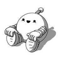 A spherical robot with banded arms and legs and an antenna. It's sitting on the ground, gripping the ends of its feet with its hands, looking upwards and smiling very happily.