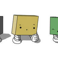 Three robots shaped like flattened cubes on their edges, with banded legs on their undersides. A grey robot is looking sad, a beige robot looks interested and quizzical, and a green robot is smiling with its eyes closed and jumping into the air.