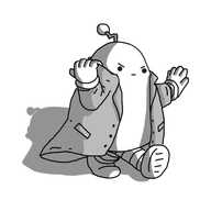 A pear-shaped robot with banded arms and legs and a crooked antenna. It's wearing a long overcoat, pulling up the collar over its face on one side, and holding up the other hand as if warding off onlookers. It's walking along briskly, looking annoyed.