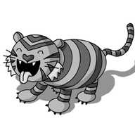 A robot in the form of a cat, with an ovoid body and a spherical head, whiskers, banded legs and a banded tail. The robot is banded with stripes in alternating dark and light shades, with a set of chevron-like designs on its forehead and points converging on either of its cheeks. It has lighter-coloured tufts on its cheeks and is opening its mouth wide, revealing two little fangs, and sticking its tongue out. Its eyes are closed and it appears to be quite pleased with itself.