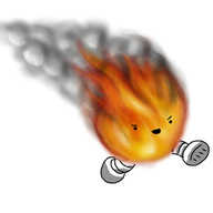 A robot in the form of a roiling sphere of flame, with two banded legs and a manic, angry face.