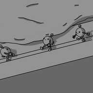 The edge of a bed frame, with the mattress and duvet visible behind it, on which three small, spherical robots with jointed arms and legs and antennae are marching. The robots have blank expressions and are marching in a very stiff, regimented manner, like wind-up toy soldiers.