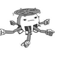 A spherical robot held aloft by a propeller on its top. It has hatches in a row around its circumference with downward-opening doors flipped open. From each hatch is emerging a jointed arm with a pointing finger so that the robot is pointing in every direction. Its facial expression is very frazzled, with a zigzag mouth and widened eyes.
