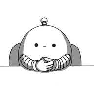 An ovoid robot with banded arms and an antenna, sitting at a table or desk with its hands clasped before it, looking very intently directly at you, a neutral expression on its face.
