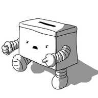 A robot in the form of a ballot box - a lidded cuboid with a slot in its top. It has banded arms and legs and is angrily stomping forward while pointing accusingly.