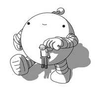 A large, spherical robot with banded arms and legs and a zigzag antenna. It's holding up a person by the back of their collar in one hand as it walks happily along.