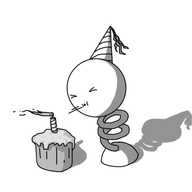A spherical robot mounted on  spring with a round foot at the bottom. It's wearing a party hat and blowing out a candle on top of a little cupcake with all its might.