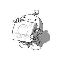 A spherical robot with banded arms and legs and an antenna, holding up a sheet of paper in front of itself, smiling over the top, angled slightly upwards. On the paper is a child-style crayon drawing of Bigbot on a beach with a little sun at the top.