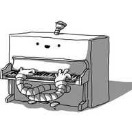 A robot in the form of an upright piano. It has two long, banded arms emerging from under the keyboard, which are crossed over so the hands are playing the keys the correct way round. The robot's smiling face is on the front of the piano, and it has an antenna on the top which is wearing a Victorian-style working class cap.