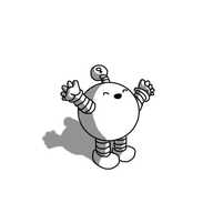A small, spherical robot with banded arms and legs and an antenna. The bobble of the antenna has a little female symbol on it, and the robot is lifting up its arms, smiling joyfully with its eyes closed.