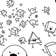 many, many small robots, shaped like cubes, spheres or pyramids, with little arms and legs waving in all directions. some are smiling, some laughing or shouting, a few angry and they're all leaping towards the frame, some very close indeed so only parts of them are visible.